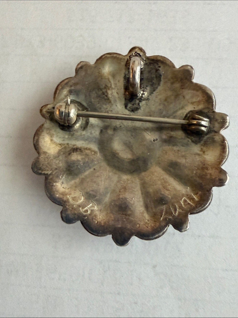 Vintage signed Zuni green turquoise cluster sterling silver brooch/pendant. - Picture 3 of 3